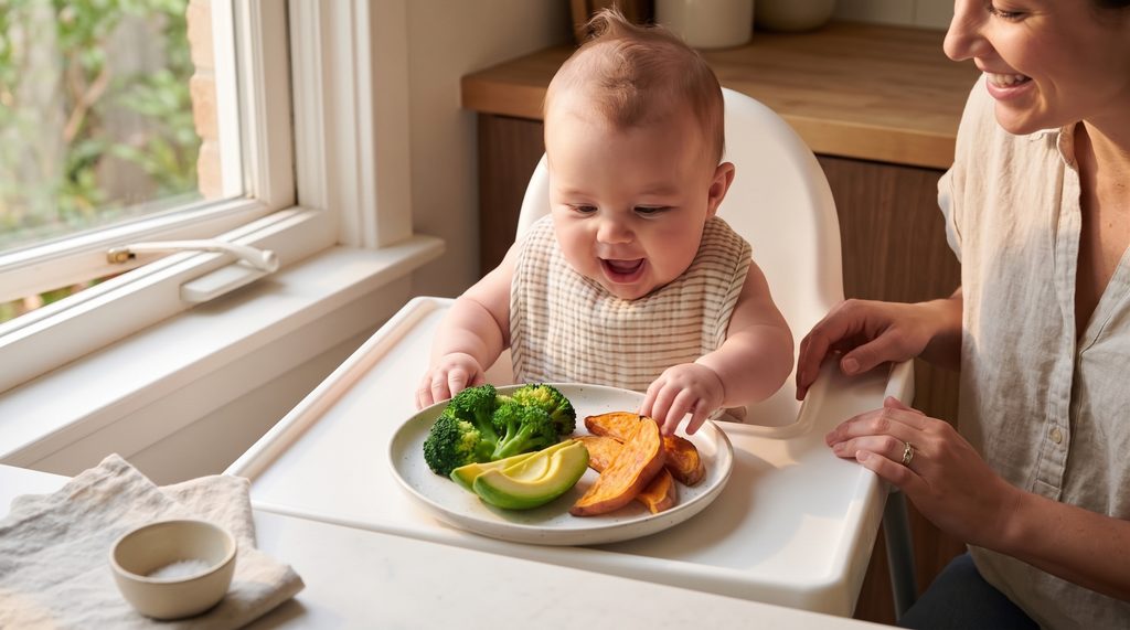 Easy & Healthy Baby Meals. Healthy baby-led weaning meal with broccoli, avocado and sweet potato