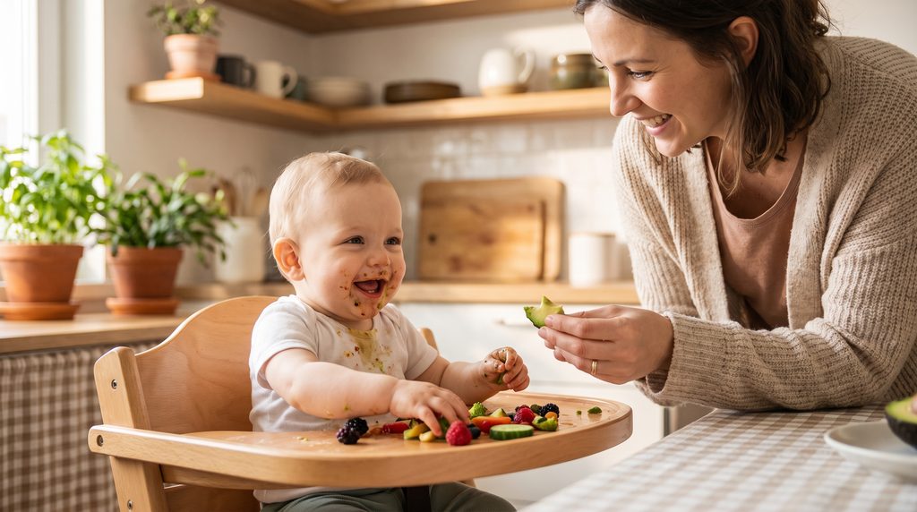 Easy & Healthy Baby Meals. Happy baby eating healthy finger foods in high chair with mother